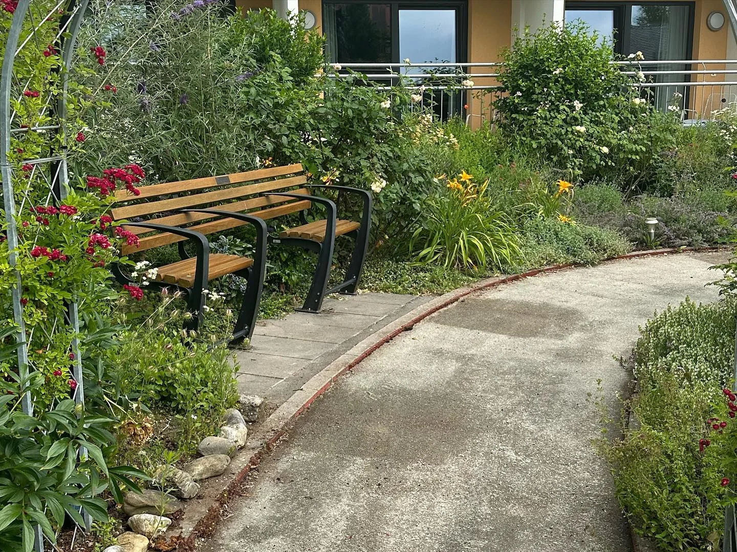 Geschwungener Gartenweg mit Sitzbank und Staudenbeeten